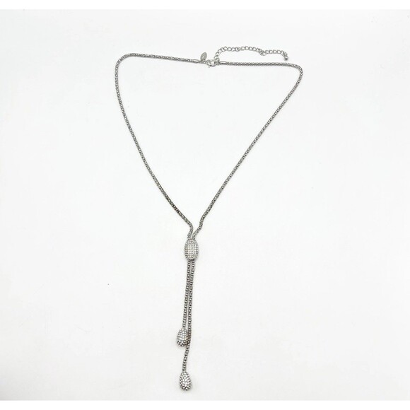 CHICO'S Rhinestone Statement Pave Crystal Lariat Rope Chain Necklace Silver Tone - Picture 2 of 8
